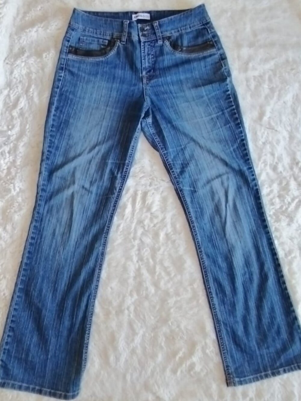 Jones & Co Vintage Straight Leg Jeans Size 6 Leather Trim Detail Mid Wash